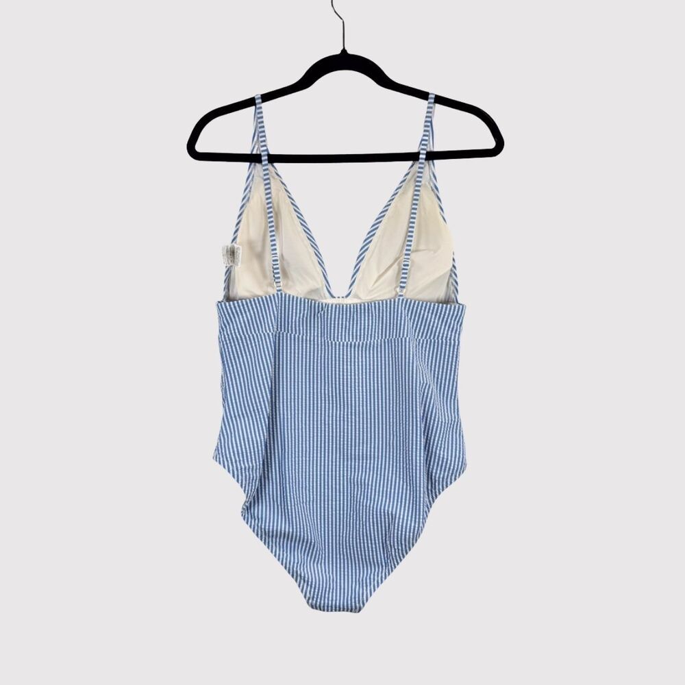 J Crew Womens Swimsuit Blue Seersucker Plunge V Neck Flattering One Piece Size 8 - Picture 3 of 9
